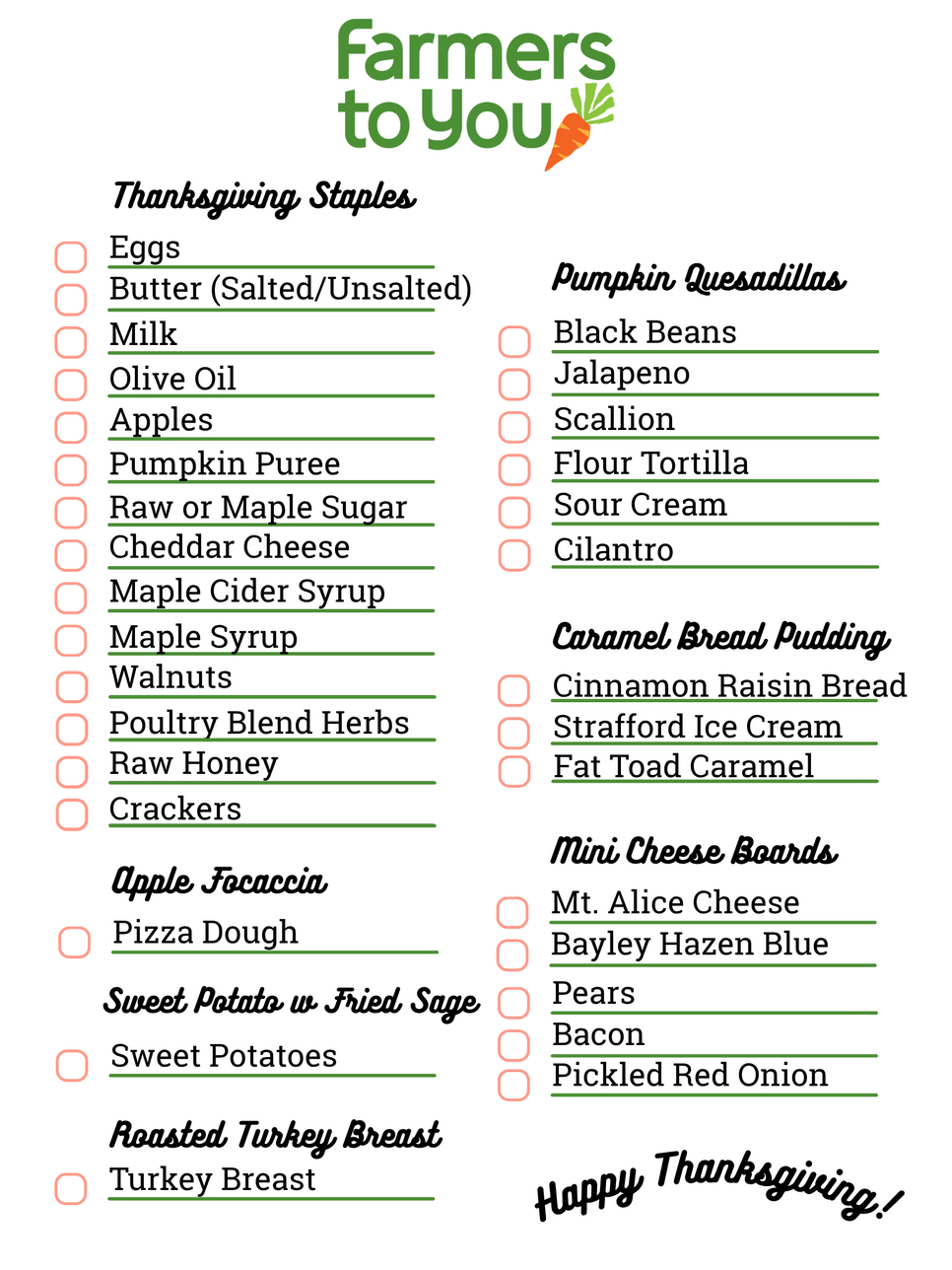 Farmers to you thanksgiving shopping list