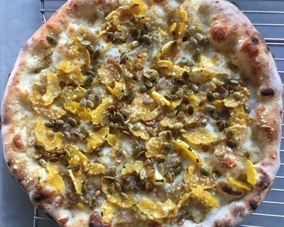 pizza delicata squash pumpkin seed cheese wood fired