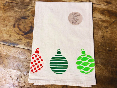 hand made flour sack towel printed with holiday tree baubles