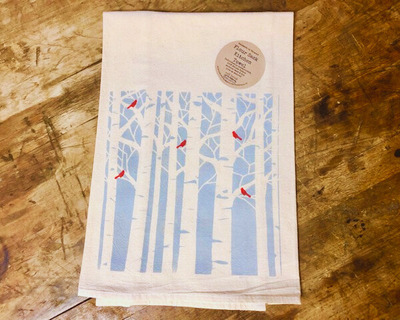 hand printed flour sack kitchen towel winter birch trees with cardinals