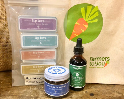 lip love mixed bag, comfort cream, adaptive remedy in a farmers to you gift bag