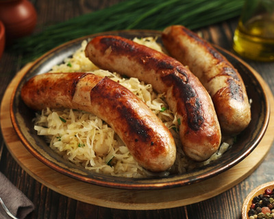 vermont bratwurst on a bed of kraut