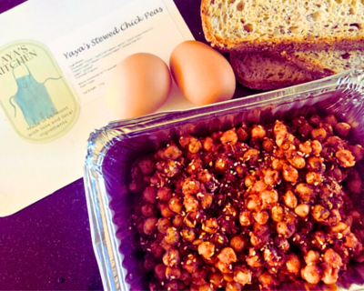 READY MADE STEWED CHICK PEAS EGGS AND CRUSTY BREAD