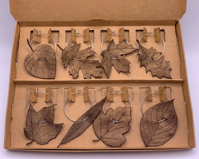 8 bronze leaf wine glass charms