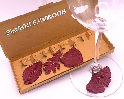 set of 4 burgundy upcycled leather wine glass charms