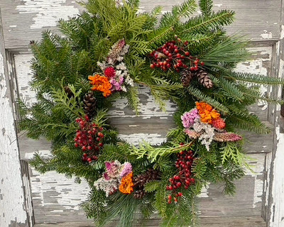 vermont made balsam fir wreath with warm colors