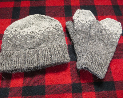 gray and white vermont wool mittens and hat set