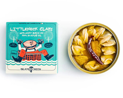 tinned mass littleneck clams with confit garlic chili and olive oil